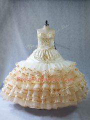 Flirting Champagne Ball Gowns Sweetheart Sleeveless Organza Floor Length Lace Up Embroidery and Ruffled Layers 15 Quinceanera Dress