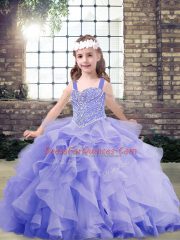 On Sale Lavender Sleeveless Floor Length Beading and Ruffles Lace Up Kids Formal Wear