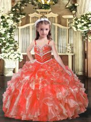 Orange Red Lace Up Straps Beading and Ruffles Child Pageant Dress Organza Sleeveless