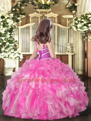 Orange Red Lace Up Straps Beading and Ruffles Child Pageant Dress Organza Sleeveless