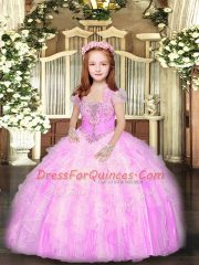 Lilac Tulle Lace Up Straps Sleeveless Floor Length Pageant Dress for Womens Beading and Ruffles
