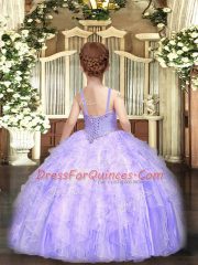 Lilac Tulle Lace Up Straps Sleeveless Floor Length Pageant Dress for Womens Beading and Ruffles