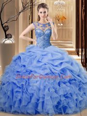 Cute Scoop Sleeveless 15 Quinceanera Dress Floor Length Beading and Ruffles Blue Organza