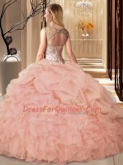 Cute Scoop Sleeveless 15 Quinceanera Dress Floor Length Beading and Ruffles Blue Organza