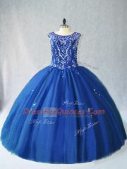 Captivating Blue Ball Gowns Beading 15th Birthday Dress Lace Up Tulle Sleeveless Floor Length