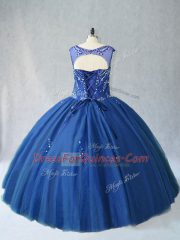Captivating Blue Ball Gowns Beading 15th Birthday Dress Lace Up Tulle Sleeveless Floor Length