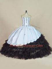 Fashionable White And Black Sleeveless Floor Length Embroidery and Ruffled Layers Lace Up 15 Quinceanera Dress