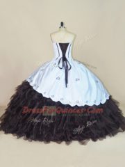 Fashionable White And Black Sleeveless Floor Length Embroidery and Ruffled Layers Lace Up 15 Quinceanera Dress