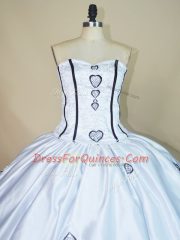 Fashionable White And Black Sleeveless Floor Length Embroidery and Ruffled Layers Lace Up 15 Quinceanera Dress