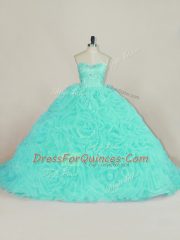 Aqua Blue Sweet 16 Dresses Fabric With Rolling Flowers Court Train Sleeveless Beading and Ruffles