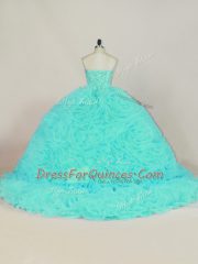 Aqua Blue Sweet 16 Dresses Fabric With Rolling Flowers Court Train Sleeveless Beading and Ruffles