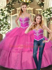Ball Gowns Quinceanera Dresses Hot Pink Sweetheart Tulle Sleeveless Floor Length Lace Up