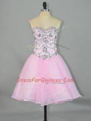 Pink Organza Lace Up Prom Dresses Sleeveless Mini Length Beading