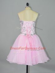 Pink Organza Lace Up Prom Dresses Sleeveless Mini Length Beading