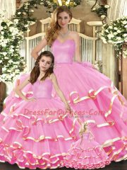 Sleeveless Organza Floor Length Lace Up Ball Gown Prom Dress in Rose Pink with Ruffled Layers