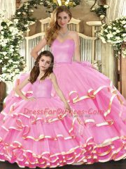 Sleeveless Organza Floor Length Lace Up Ball Gown Prom Dress in Rose Pink with Ruffled Layers