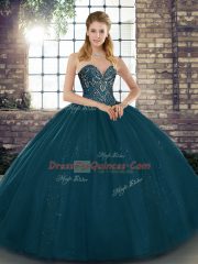 Teal Lace Up Quinceanera Gowns Beading Sleeveless Floor Length