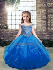 Classical Blue Off The Shoulder Neckline Beading Pageant Gowns Sleeveless Lace Up
