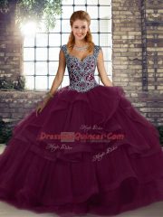 Flirting Dark Purple Sleeveless Floor Length Beading and Ruffles Lace Up Sweet 16 Dress