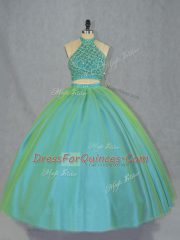 Amazing Halter Top Sleeveless Ball Gown Prom Dress Beading Green Tulle