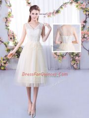 Custom Made Champagne Empire Lace Quinceanera Court Dresses Lace Up Tulle Sleeveless Tea Length