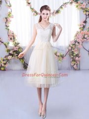 Custom Made Champagne Empire Lace Quinceanera Court Dresses Lace Up Tulle Sleeveless Tea Length