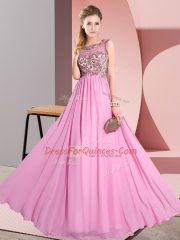 Custom Fit Rose Pink Empire Scoop Sleeveless Chiffon Floor Length Backless Beading and Appliques Court Dresses for Sweet 16