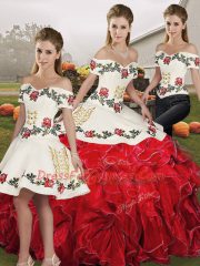 White And Red Lace Up Off The Shoulder Embroidery and Ruffles Vestidos de Quinceanera Organza Sleeveless