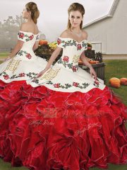 White And Red Lace Up Off The Shoulder Embroidery and Ruffles Vestidos de Quinceanera Organza Sleeveless