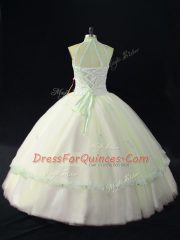 Sleeveless Tulle Floor Length Lace Up Quince Ball Gowns in White with Beading