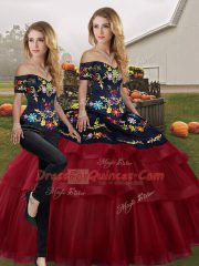 Excellent Off The Shoulder Sleeveless Sweet 16 Dresses Brush Train Embroidery and Ruffled Layers Wine Red Tulle
