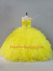 Fine Yellow Sleeveless Tulle Lace Up Quinceanera Gown for Sweet 16 and Quinceanera