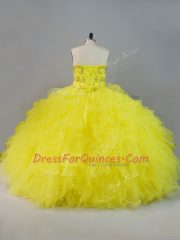 Fine Yellow Sleeveless Tulle Lace Up Quinceanera Gown for Sweet 16 and Quinceanera