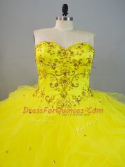 Fine Yellow Sleeveless Tulle Lace Up Quinceanera Gown for Sweet 16 and Quinceanera
