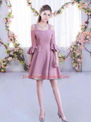 Unique Pink Quinceanera Court of Honor Dress Wedding Party with Ruching Off The Shoulder Half Sleeves Zipper