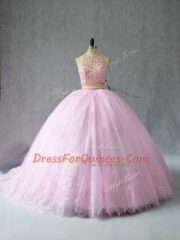 Sumptuous Halter Top Sleeveless Tulle Sweet 16 Dresses Beading and Appliques Court Train Zipper