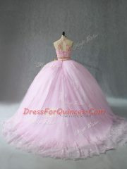 Sumptuous Halter Top Sleeveless Tulle Sweet 16 Dresses Beading and Appliques Court Train Zipper