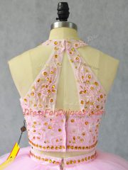 Sumptuous Halter Top Sleeveless Tulle Sweet 16 Dresses Beading and Appliques Court Train Zipper