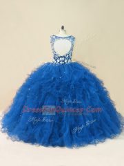 Blue Ball Gowns Beading and Ruffles Quinceanera Dresses Backless Tulle Sleeveless