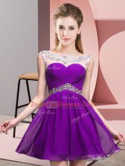 Edgy Eggplant Purple Backless Dress for Prom Beading and Ruching Sleeveless Mini Length