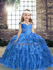 Trendy Floor Length Ball Gowns Sleeveless Blue Pageant Dress Toddler Lace Up