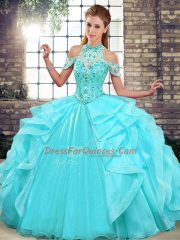 Ball Gowns Quinceanera Dress Aqua Blue Halter Top Organza Sleeveless Floor Length Lace Up