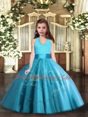 Baby Blue Sleeveless Tulle Lace Up Pageant Dress Womens for Party and Wedding Party