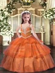 Excellent Organza Straps Sleeveless Lace Up Ruffled Layers Kids Pageant Dress in Orange
