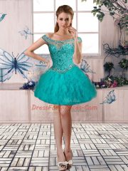 Perfect Teal Off The Shoulder Neckline Beading and Ruffles Prom Gown Sleeveless Lace Up