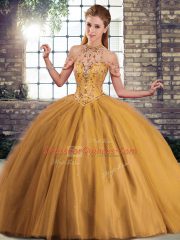 Hot Sale Brown Ball Gowns Beading 15 Quinceanera Dress Lace Up Tulle Sleeveless