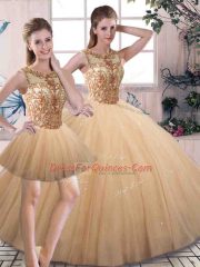 Floor Length Ball Gowns Sleeveless Gold Quince Ball Gowns Lace Up
