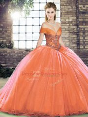 High Class Off The Shoulder Sleeveless Quinceanera Gowns Brush Train Beading Orange Red Organza