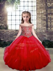 Red Off The Shoulder Lace Up Beading Girls Pageant Dresses Sleeveless