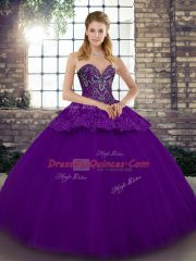 Trendy Sleeveless Floor Length Beading and Appliques Lace Up Sweet 16 Dress with Purple